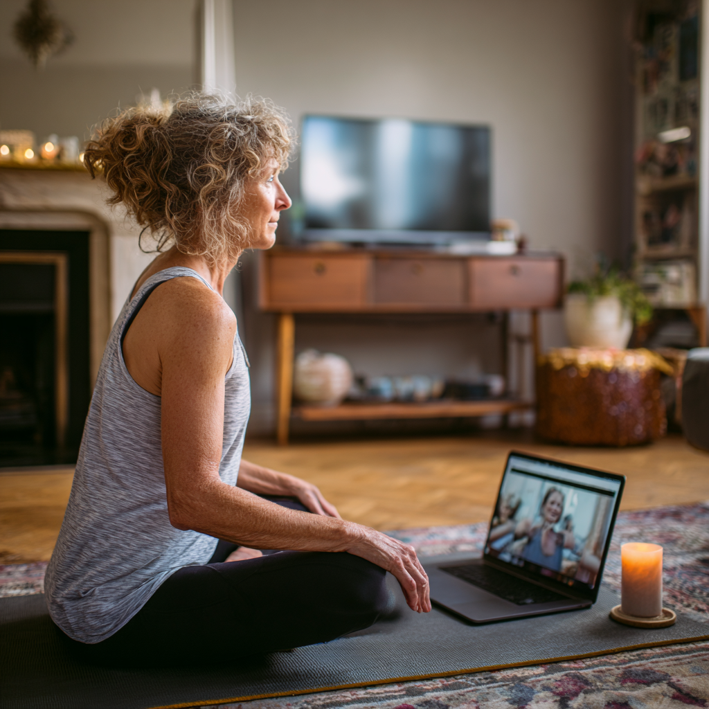 Жінка 52 років займається йогою онлайн через платформу gelbriston, практикує вдома на килимку