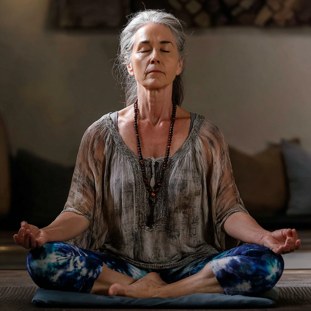 Жінка 55 років практикує йогу в студії gelbriston, медитує в позі лотоса