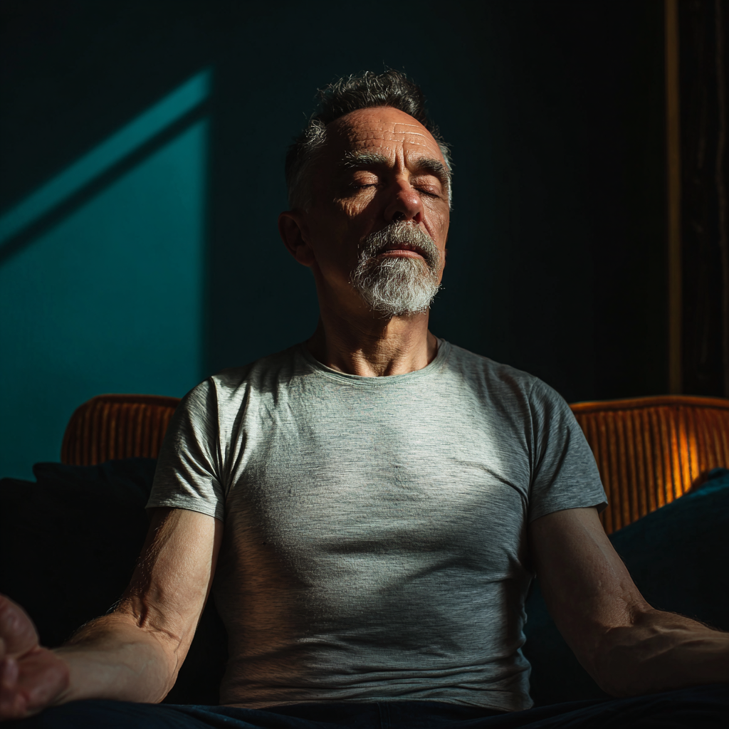 Чоловік 58 років виконує медитацію в студії gelbriston, сидить в позі лотоса в тихій атмосфері